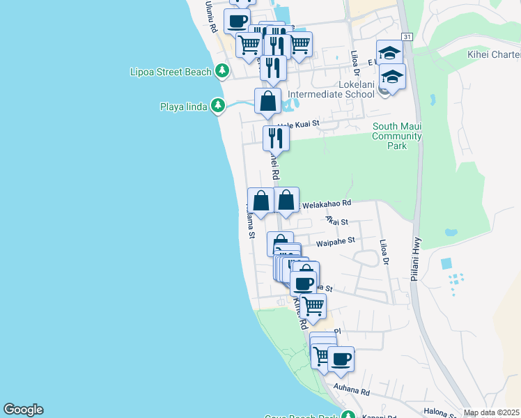 map of restaurants, bars, coffee shops, grocery stores, and more near 40 West Welakahao Road in Kihei