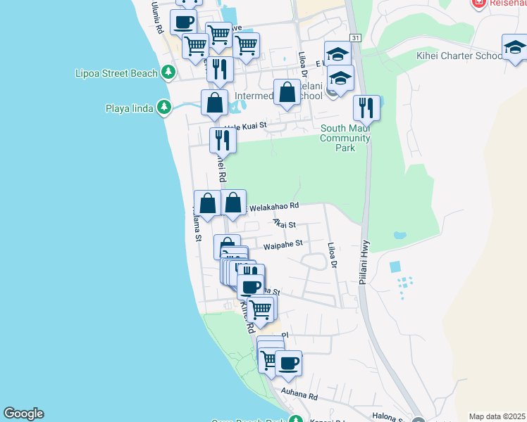 map of restaurants, bars, coffee shops, grocery stores, and more near 80 East Welakahao Road in Kihei