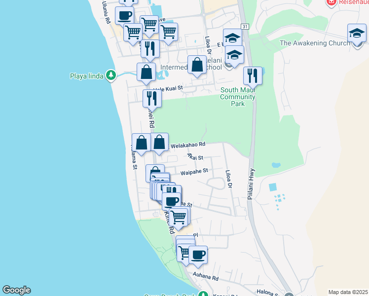 map of restaurants, bars, coffee shops, grocery stores, and more near 98 East Welakahao Road in Kihei