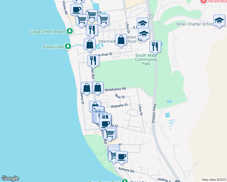 map of restaurants, bars, coffee shops, grocery stores, and more near 98 East Welakahao Road in Kihei