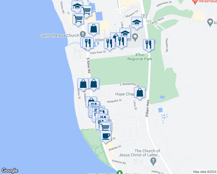 map of restaurants, bars, coffee shops, grocery stores, and more near 98 East Welakahao Road in Kihei