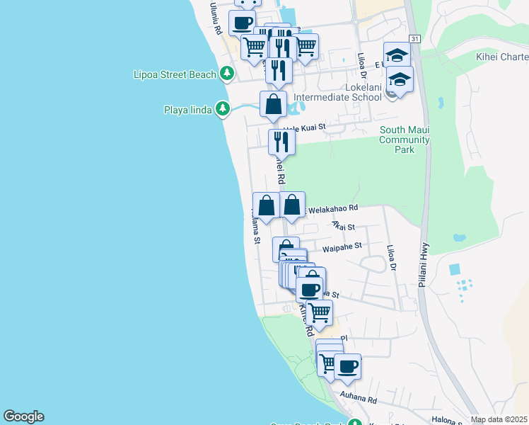 map of restaurants, bars, coffee shops, grocery stores, and more near 40 West Welakahao Road in Kihei