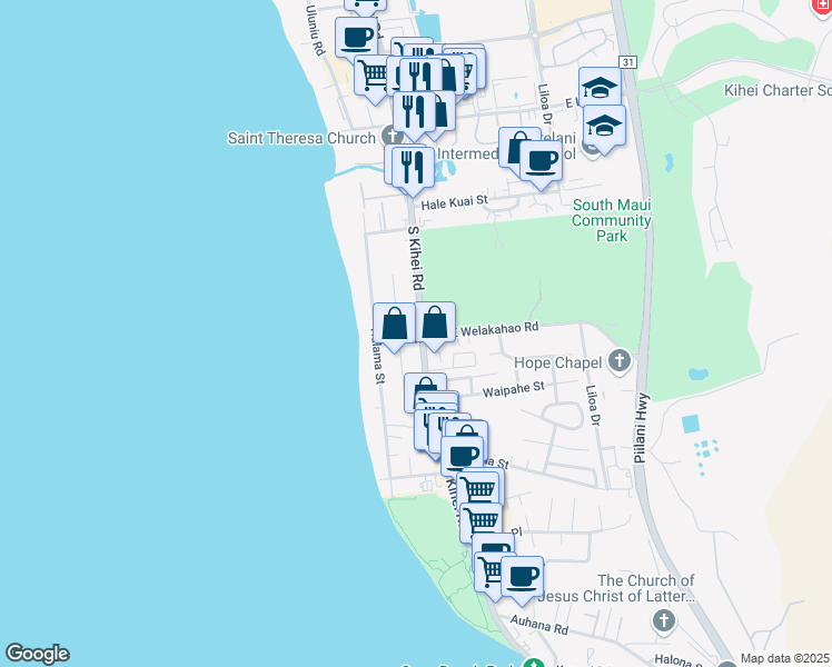 map of restaurants, bars, coffee shops, grocery stores, and more near 1606 South Kihei Road in Kihei