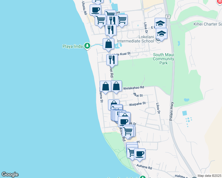 map of restaurants, bars, coffee shops, grocery stores, and more near 10 West Welakahao Road in Kihei