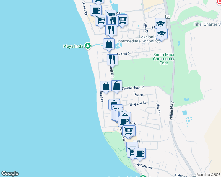 map of restaurants, bars, coffee shops, grocery stores, and more near 10 West Welakahao Road in Kihei