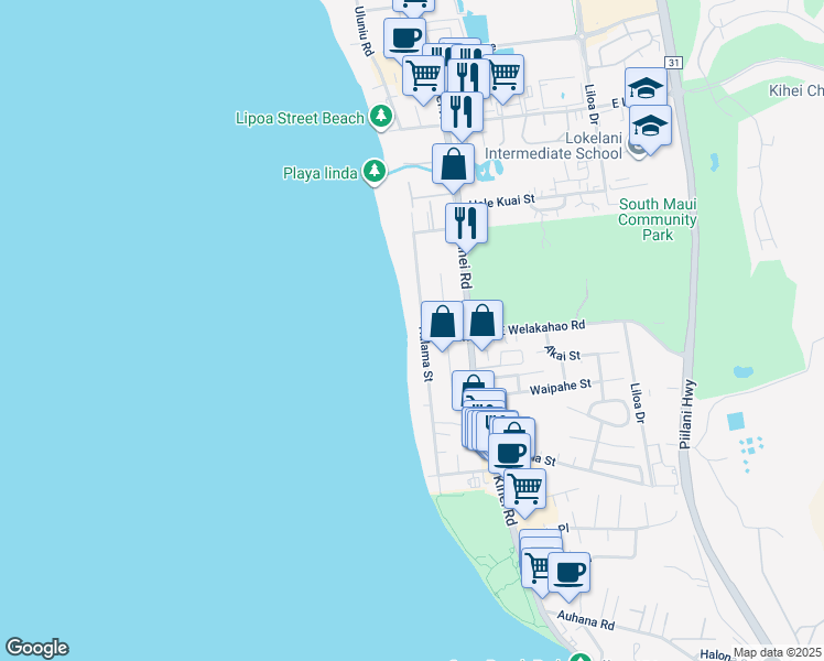 map of restaurants, bars, coffee shops, grocery stores, and more near 1606 Halama Street in Kihei