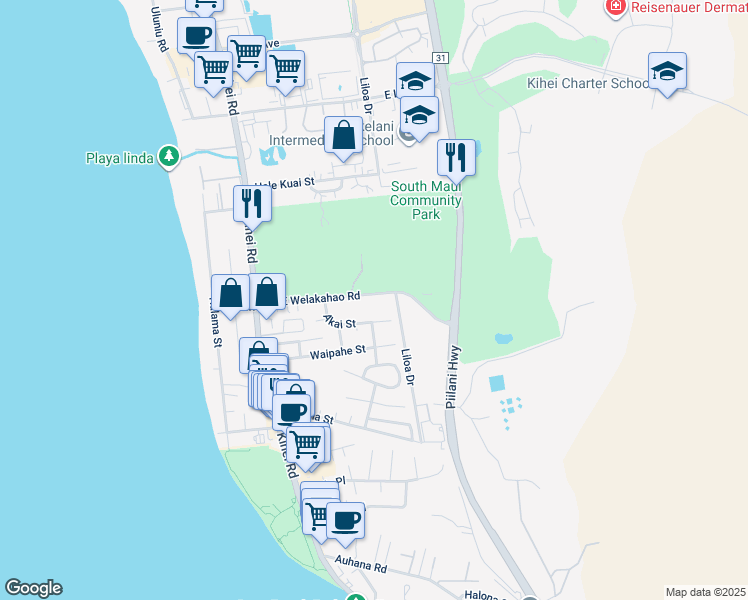 map of restaurants, bars, coffee shops, grocery stores, and more near 172 East Welakahao Road in Kihei