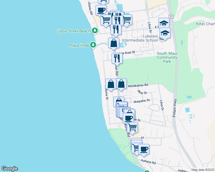 map of restaurants, bars, coffee shops, grocery stores, and more near 1597 Halama Street in Kihei