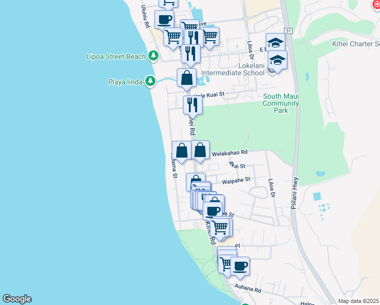 map of restaurants, bars, coffee shops, grocery stores, and more near 1606 South Kihei Road in Kihei