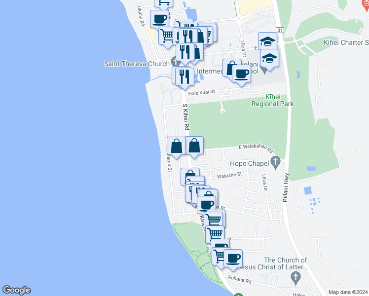 map of restaurants, bars, coffee shops, grocery stores, and more near 1602 South Kihei Road in Kihei