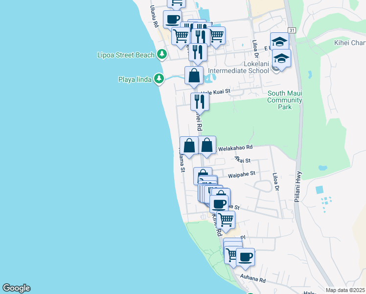 map of restaurants, bars, coffee shops, grocery stores, and more near 1597 Halama Street in Kihei