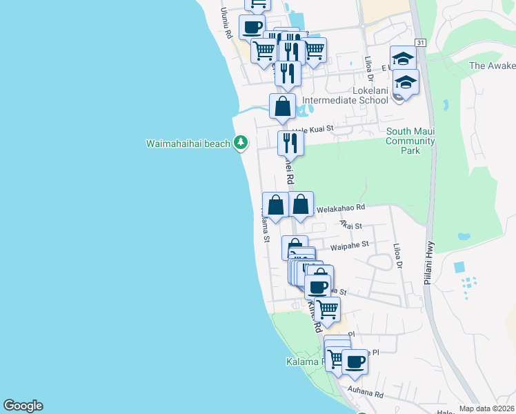 map of restaurants, bars, coffee shops, grocery stores, and more near 1598 Halama Street in Kihei