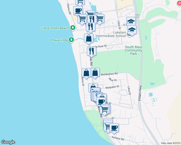 map of restaurants, bars, coffee shops, grocery stores, and more near 1602 South Kihei Road in Kihei
