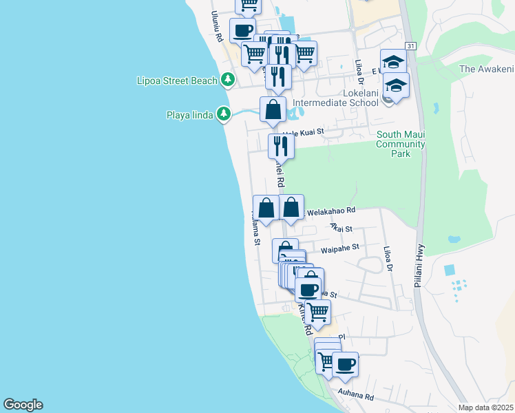 map of restaurants, bars, coffee shops, grocery stores, and more near 1595 Halama Street in Kihei