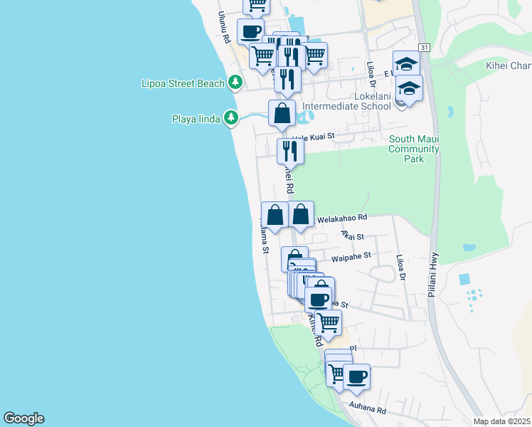 map of restaurants, bars, coffee shops, grocery stores, and more near 1585 Halama Street in Kihei