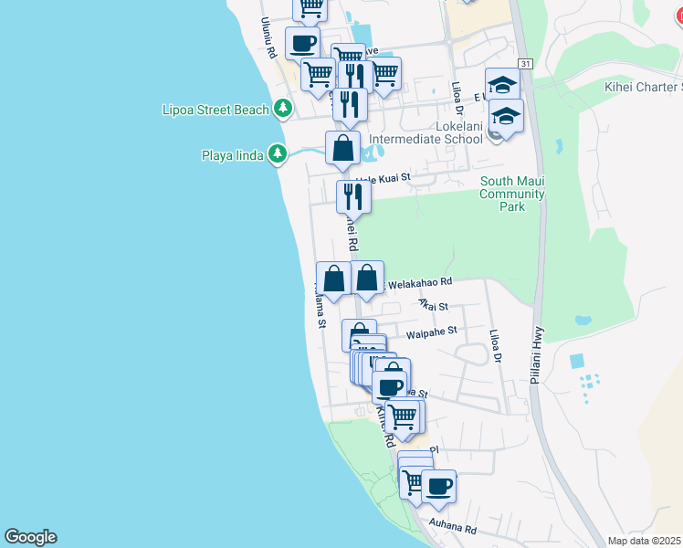 map of restaurants, bars, coffee shops, grocery stores, and more near 1594 North Alaniu Place in Kihei