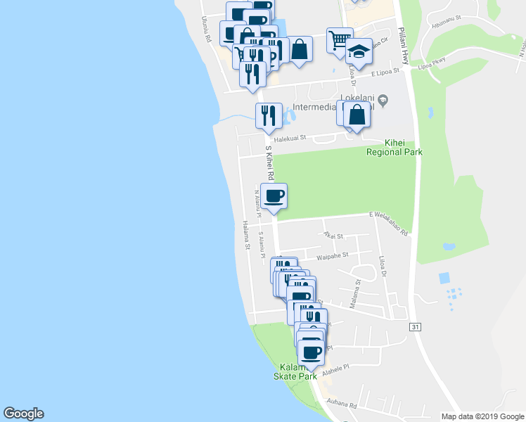 map of restaurants, bars, coffee shops, grocery stores, and more near 1594 North Alaniu Place in Kihei