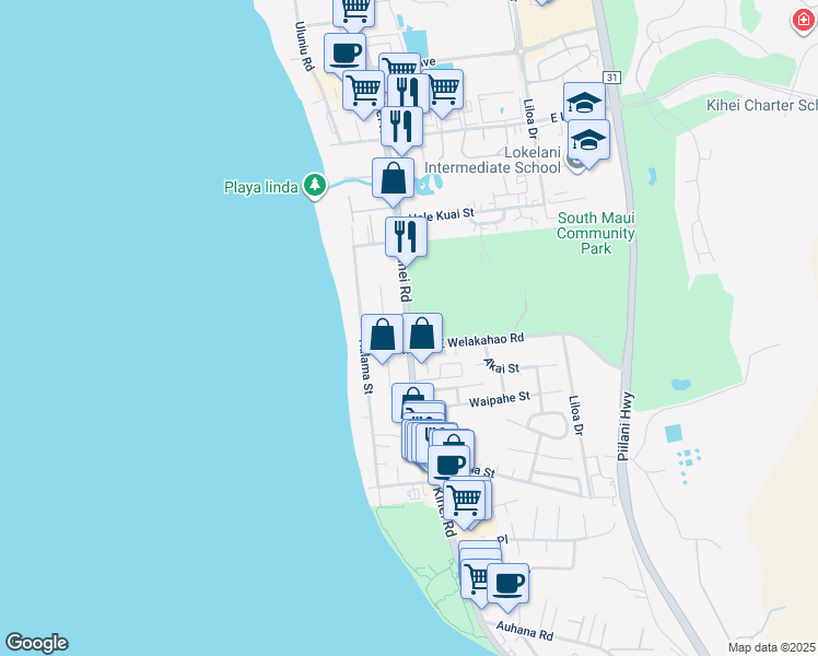 map of restaurants, bars, coffee shops, grocery stores, and more near South Kihei Road in Maui County