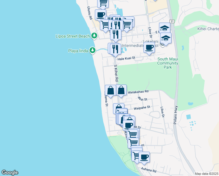 map of restaurants, bars, coffee shops, grocery stores, and more near 1587 North Alaniu Place in Kihei
