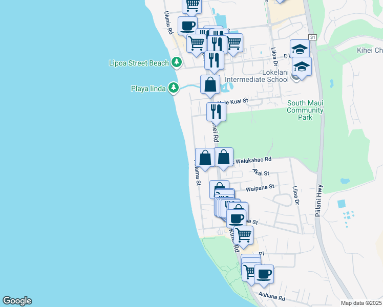 map of restaurants, bars, coffee shops, grocery stores, and more near 1576 Halama Street in Kihei