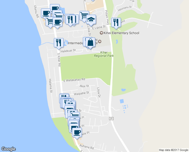 map of restaurants, bars, coffee shops, grocery stores, and more near 165 East Welakahao Road in Kihei
