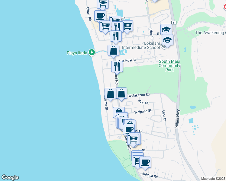 map of restaurants, bars, coffee shops, grocery stores, and more near 1586 North Alaniu Place in Kihei