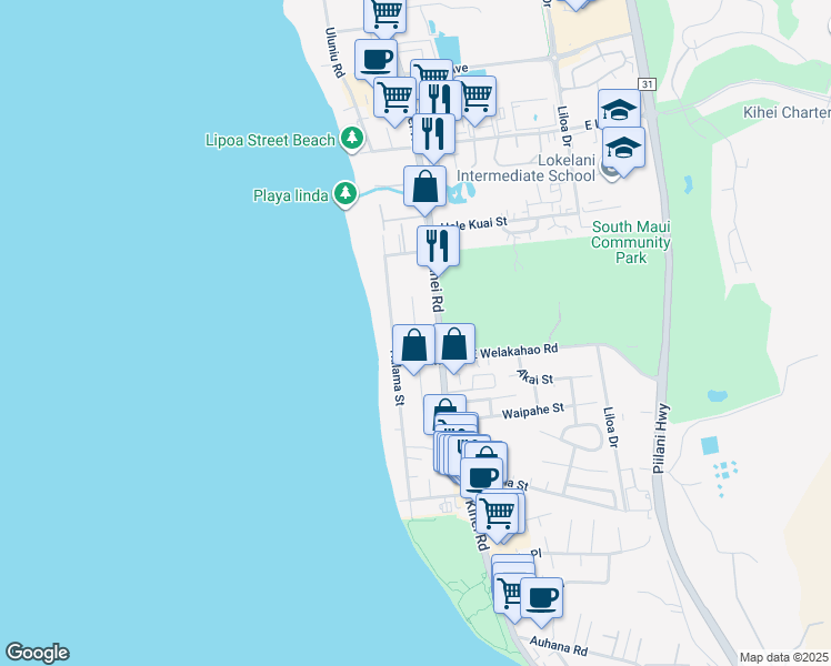 map of restaurants, bars, coffee shops, grocery stores, and more near 1587 North Alaniu Place in Kihei