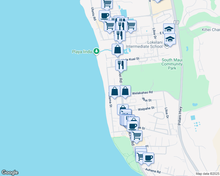 map of restaurants, bars, coffee shops, grocery stores, and more near 1581 Halama Street in Kihei