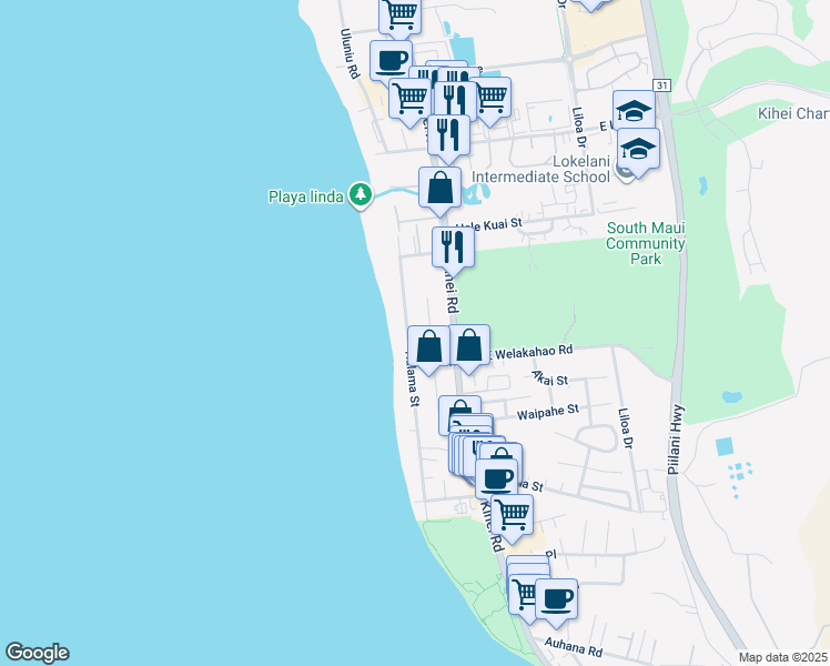 map of restaurants, bars, coffee shops, grocery stores, and more near 1581 Halama Street in Kihei
