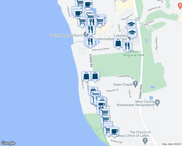 map of restaurants, bars, coffee shops, grocery stores, and more near 1578 South Kihei Road in Kihei