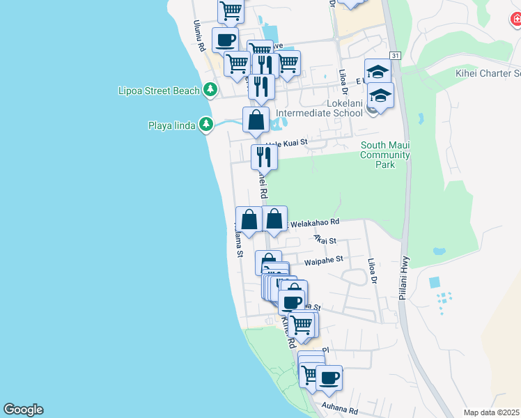 map of restaurants, bars, coffee shops, grocery stores, and more near 1578 South Kihei Road in Kihei
