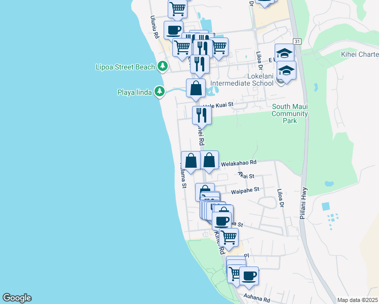 map of restaurants, bars, coffee shops, grocery stores, and more near 1573 North Alaniu Place in Kihei