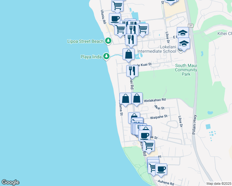 map of restaurants, bars, coffee shops, grocery stores, and more near 1560 Halama Street in Kihei