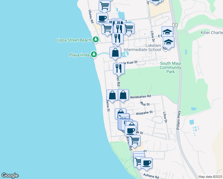 map of restaurants, bars, coffee shops, grocery stores, and more near 1573 North Alaniu Place in Kihei