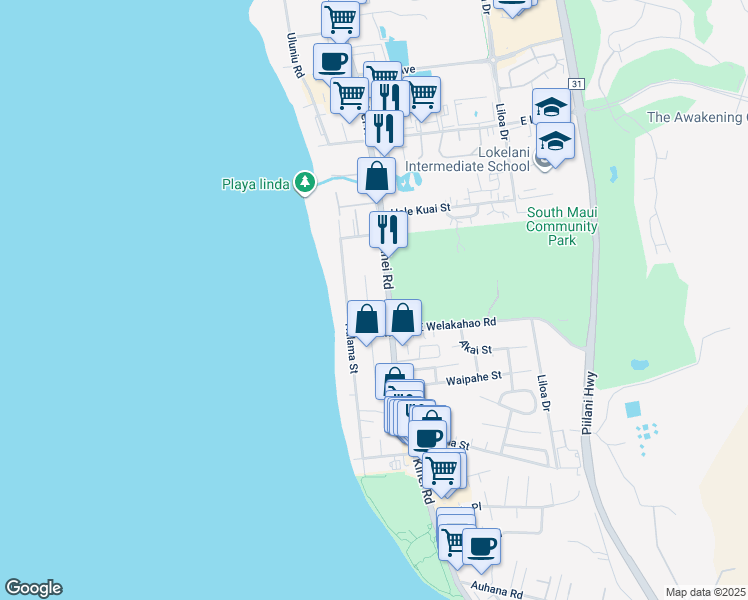 map of restaurants, bars, coffee shops, grocery stores, and more near 1574 North Alaniu Place in Kihei