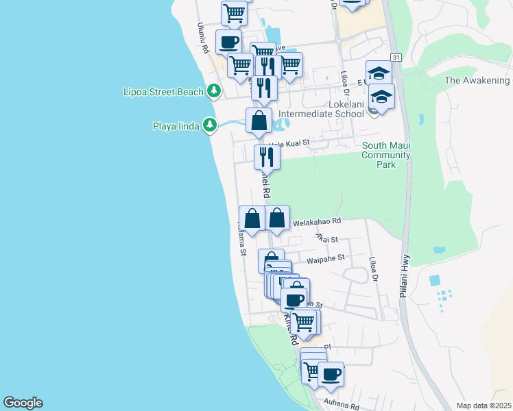 map of restaurants, bars, coffee shops, grocery stores, and more near 1574 North Alaniu Place in Kihei