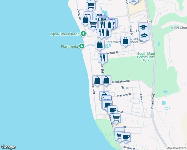 map of restaurants, bars, coffee shops, grocery stores, and more near 1567 Halama Street in Kihei