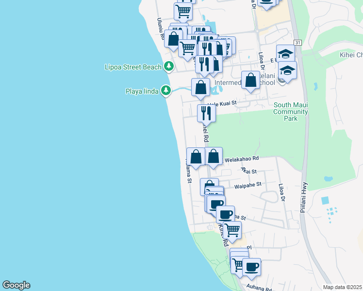 map of restaurants, bars, coffee shops, grocery stores, and more near 1560 Halama Street in Kihei