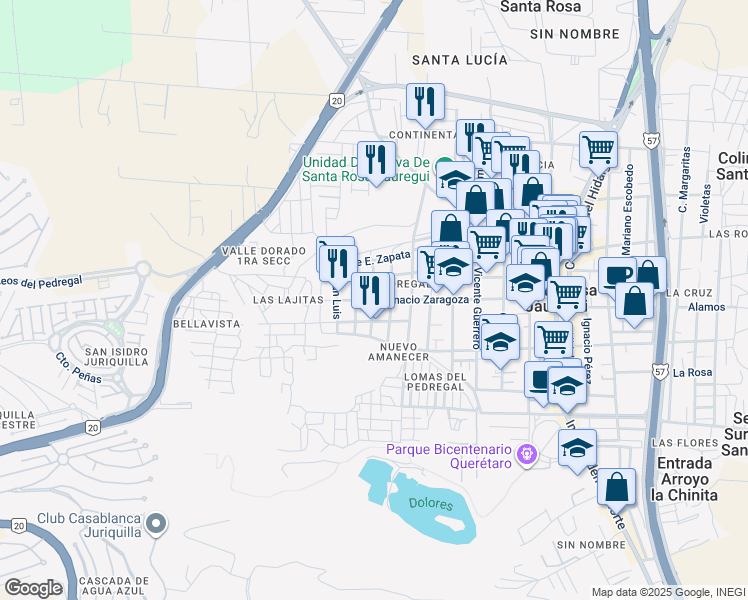 map of restaurants, bars, coffee shops, grocery stores, and more near Querétaro in Santa Rosa Jáuregui