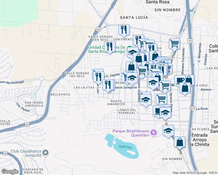 map of restaurants, bars, coffee shops, grocery stores, and more near Querétaro in Santa Rosa Jáuregui