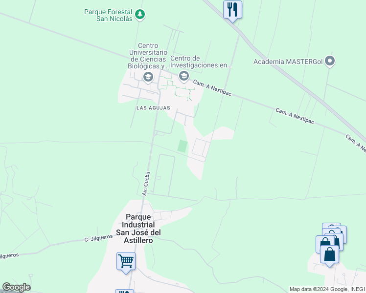 map of restaurants, bars, coffee shops, grocery stores, and more near Camino Ramón Padilla Sánchez in Zapopan