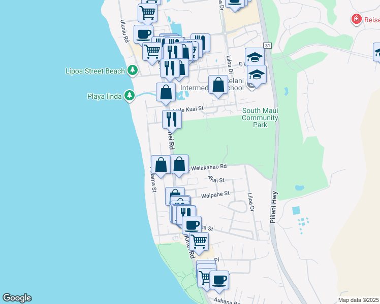 map of restaurants, bars, coffee shops, grocery stores, and more near 79 East Welakahao Road in Kihei
