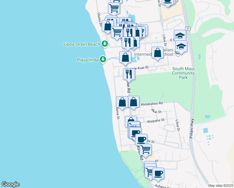 map of restaurants, bars, coffee shops, grocery stores, and more near 1557 Halama Street in Kihei