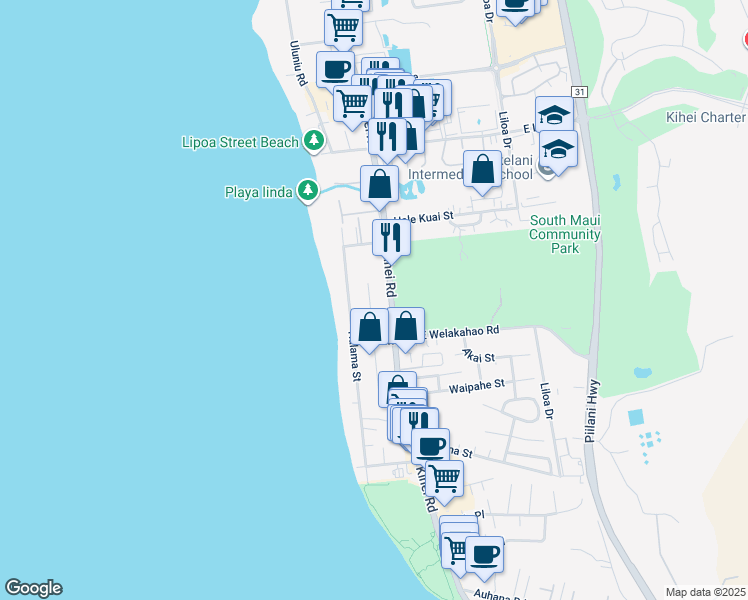map of restaurants, bars, coffee shops, grocery stores, and more near 1558 North Alaniu Place in Kihei