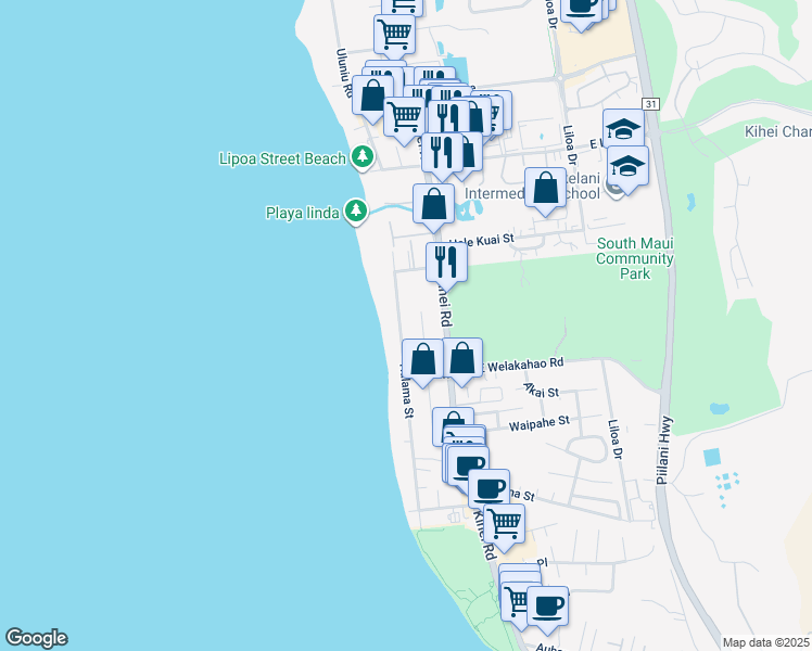 map of restaurants, bars, coffee shops, grocery stores, and more near 1543 Halama Street in Kihei