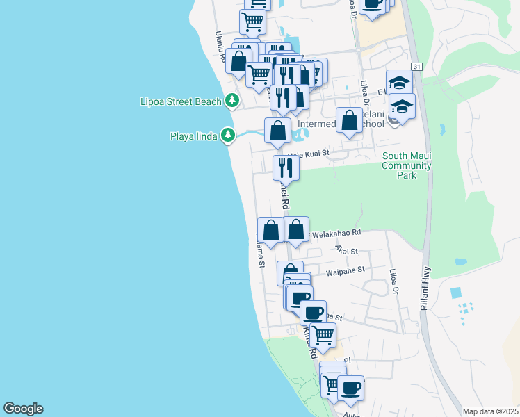 map of restaurants, bars, coffee shops, grocery stores, and more near 1553 Halama Street in Kihei