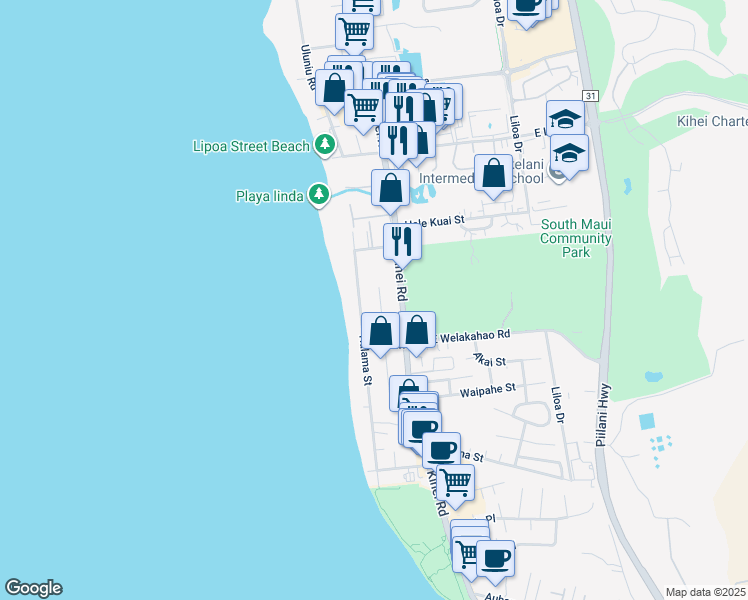 map of restaurants, bars, coffee shops, grocery stores, and more near 1551 North Alaniu Place in Kihei