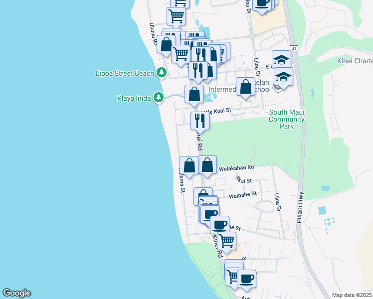 map of restaurants, bars, coffee shops, grocery stores, and more near 1551 North Alaniu Place in Kihei