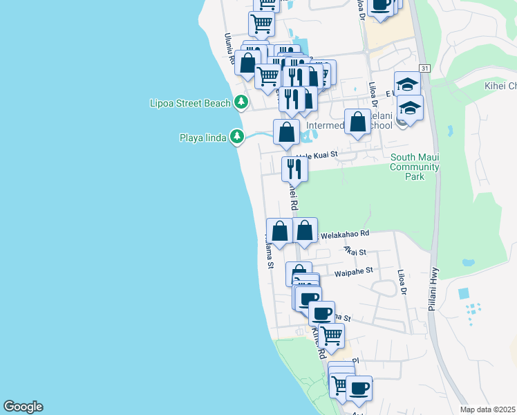 map of restaurants, bars, coffee shops, grocery stores, and more near 1544 Halama Street in Kihei