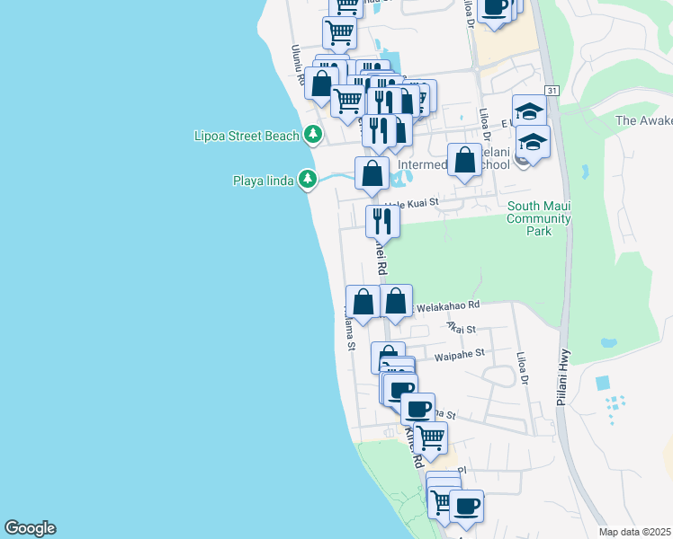 map of restaurants, bars, coffee shops, grocery stores, and more near 1536 Halama St in Kihei